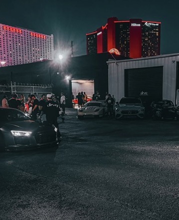 Las Vegas nighttime car meet with the Factory Five Daytona replica